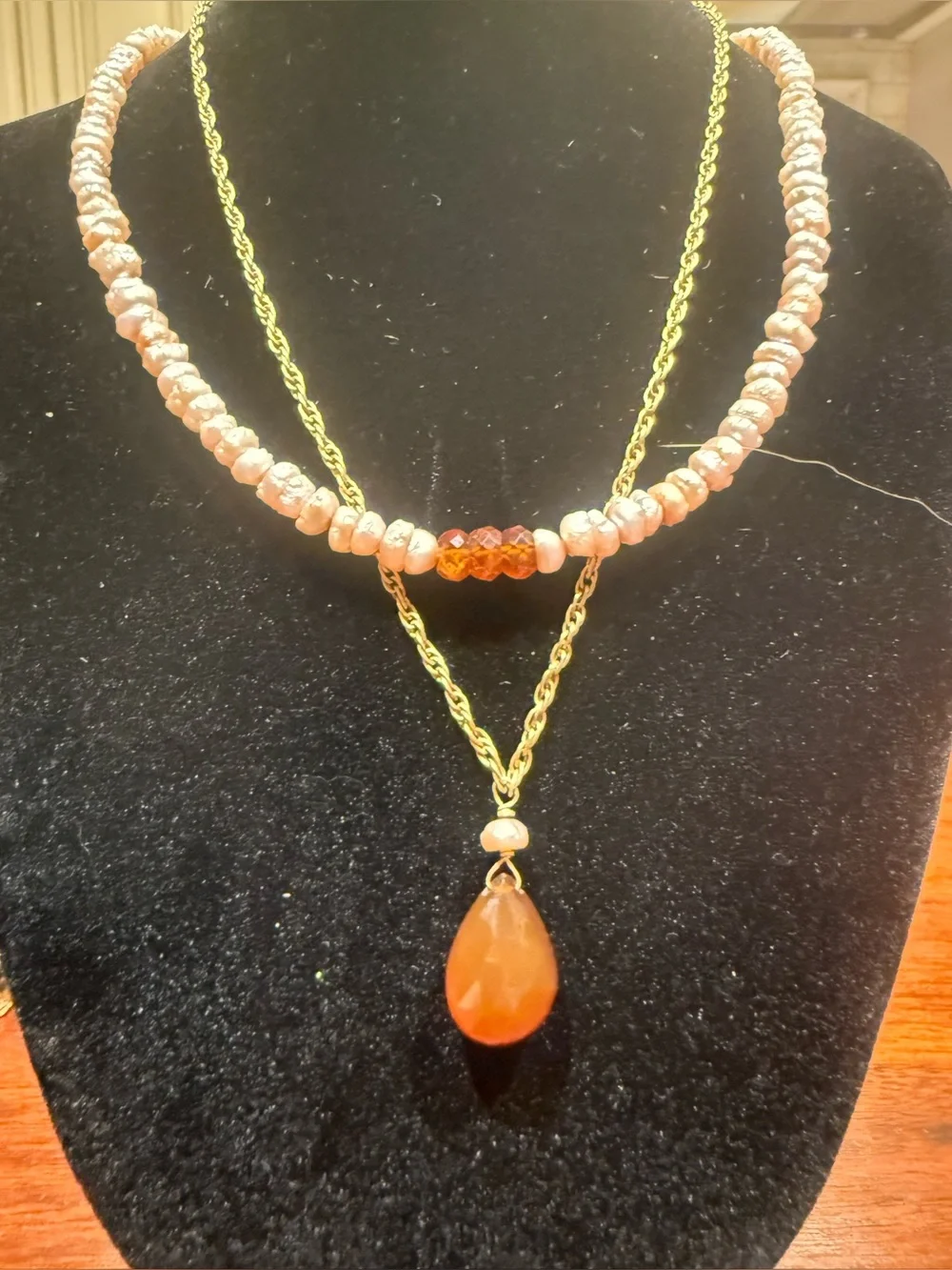 Layered Freshwater Pearl Gold Chain Necklace Amber Teardrop Pendant